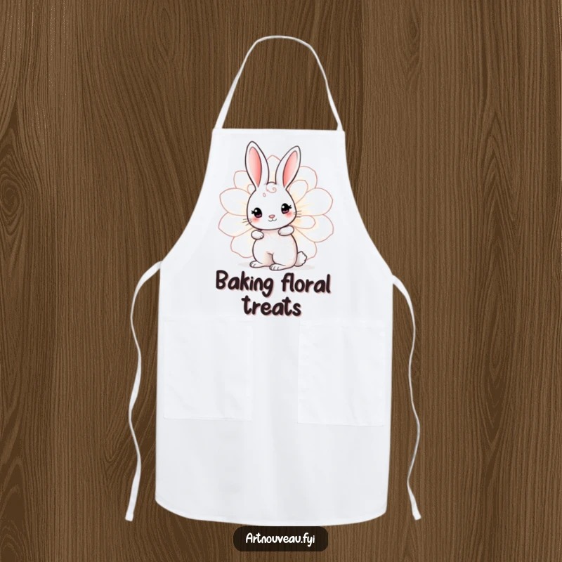 Funny Rabbit Bloom Apron featuring a cute rabbit with swirling patterns peeking from behind a large decorative bloom, perfect for the kitchen.
