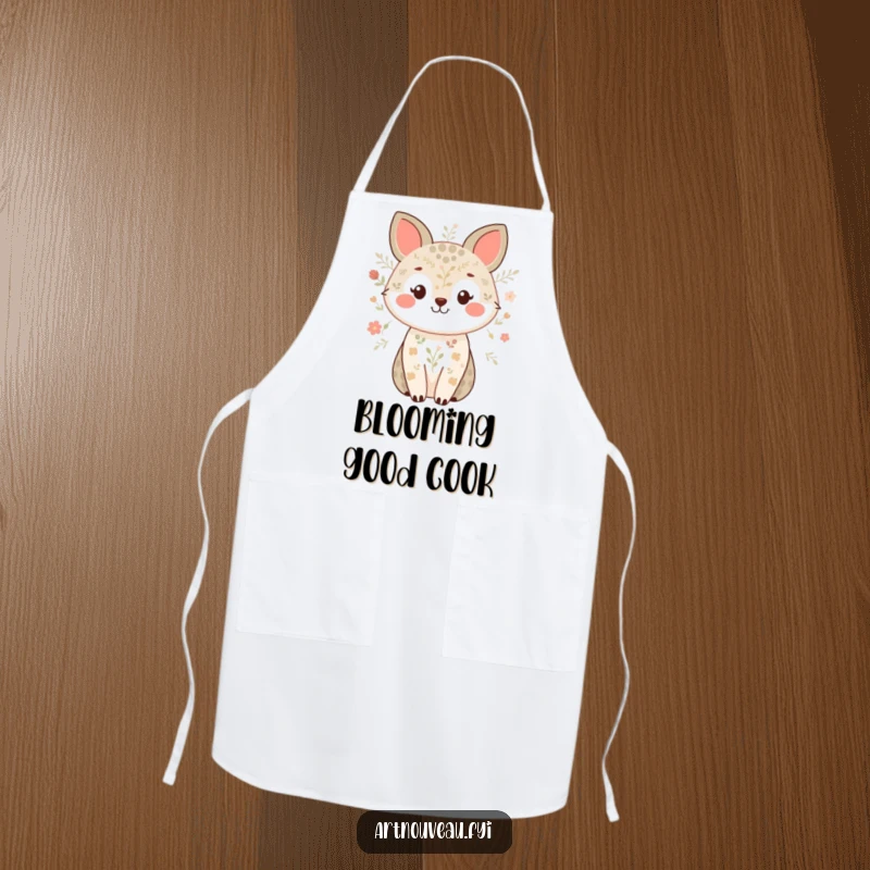 Funny apron featuring a smiling animal with delicate nature patterns, perfect for adding sweetness and humor to kitchen tasks.