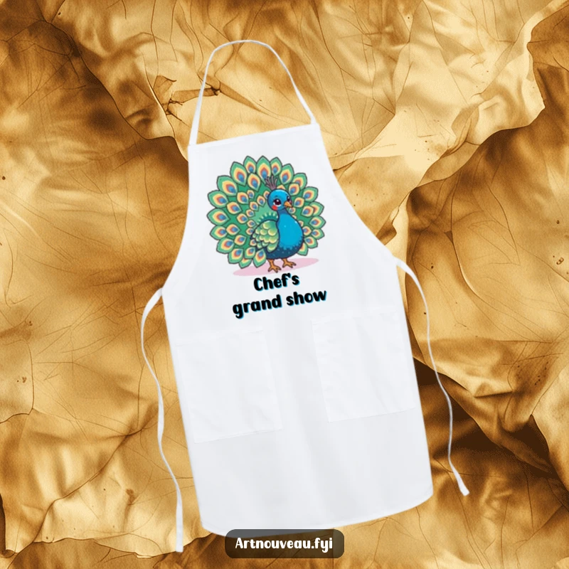 Funny apron with a peacock fanning its tail with elaborate feather patterns, designed for stylish and elegant cooking.