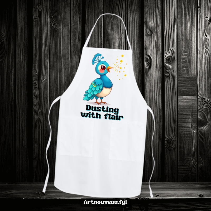 Funny Golden Dust Peacock Apron featuring a playful bird scattering golden dust, adding humorous magic and protection to kitchen activities.