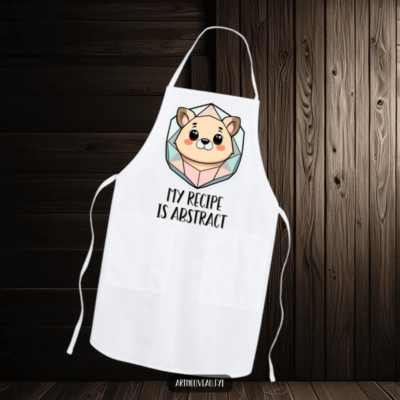 Funny apron featuring a stylized animal gazing at a geometric and organic abstract shape, ideal for chefs and home cooks who love art and humor.