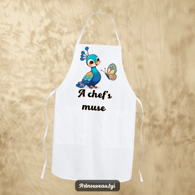 Funny Art Nouveau Peacock Apron featuring a gentle bird and an art nouveau butterfly, adding artistic and humorous flair to kitchen activities.
