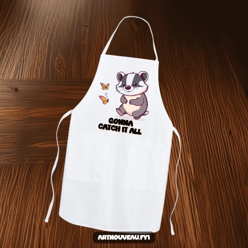 Funny apron with intricate linework badger playfully chasing a stylized butterfly, designed for culinary fun and artistic flair.