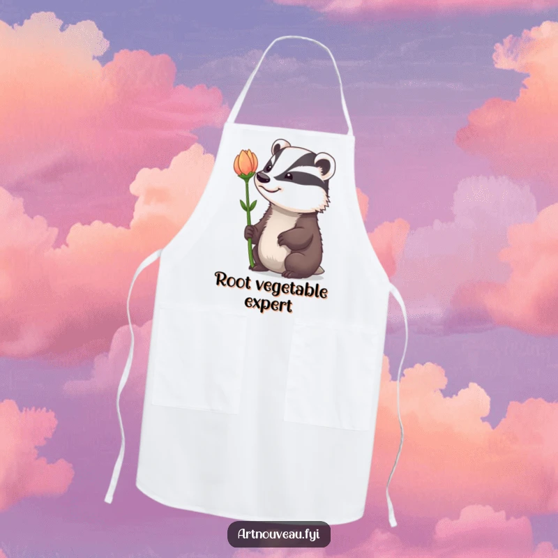 Funny Apron: A badger with a whimsical grin admiring a dramatically curved flower stem, designed for kitchen charm.