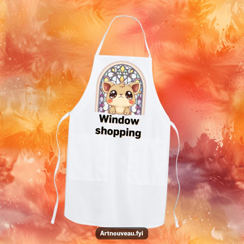 Funny Apron: A creature with large, expressive eyes gazing at a colorful stained-glass window, adding artistic flair to cooking.