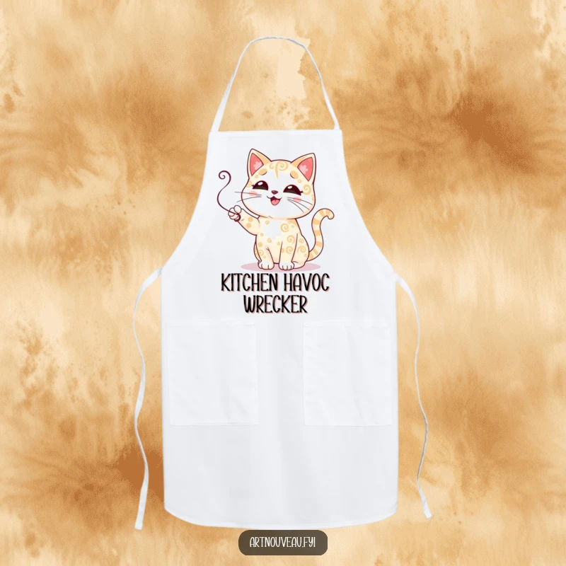 Funny cat apron displaying a cute cat with decorative swirling fur patterns playfully batting at a tendril, ideal for a humorous kitchen.