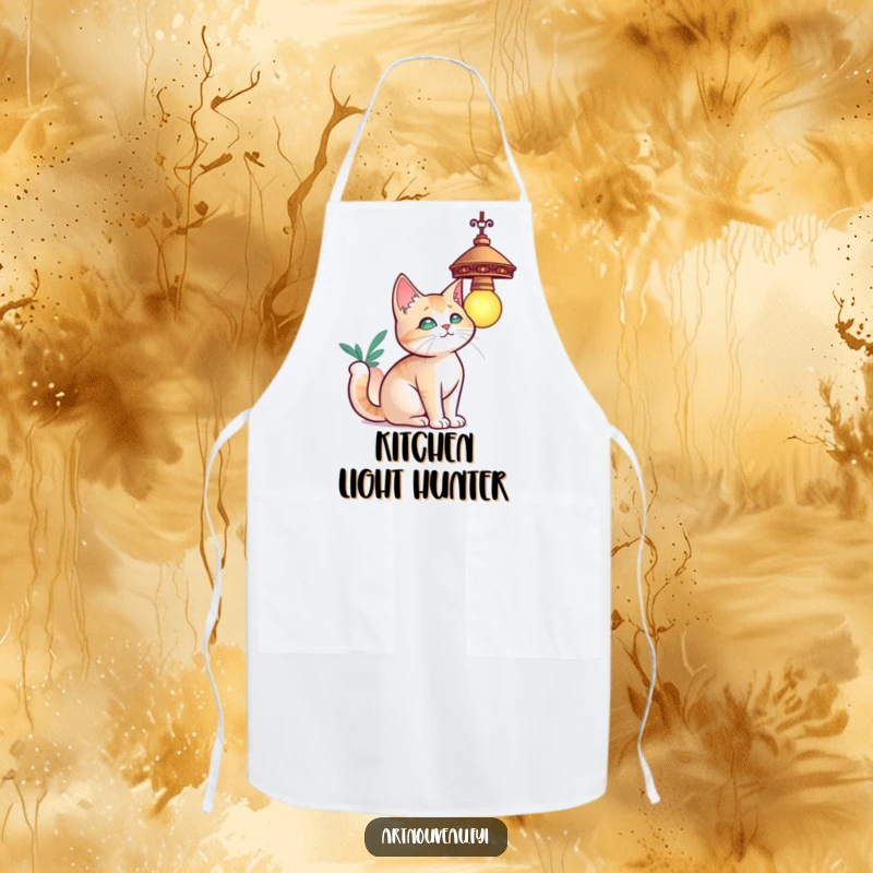 Funny cat apron, a curious cat with elegant curves batting at a decorative hanging lamp, kitchen and cooking accessory.