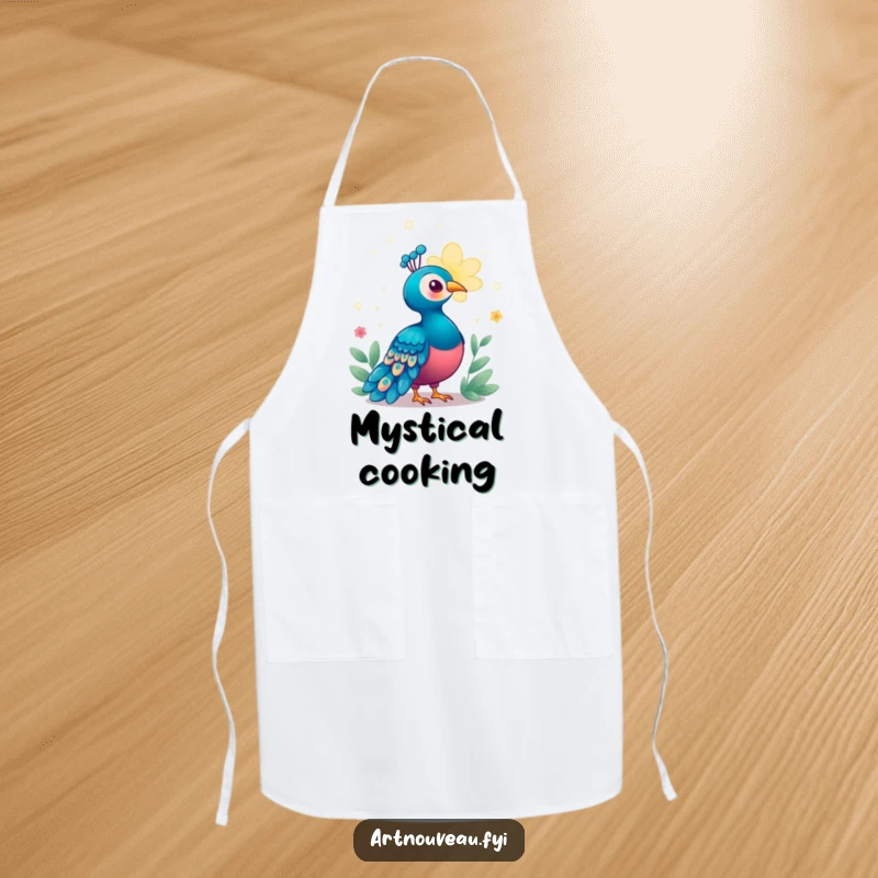 Funny Enchanted Peacock Apron featuring a bird enchanted by a magical, glowing bloom, adding whimsical and humorous flair to kitchen activities.