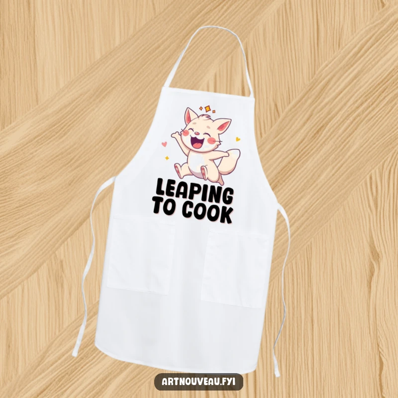 Funny kitchen apron with an energetic animal leaping with decorative flair, adding a fun and spirited touch to cooking.