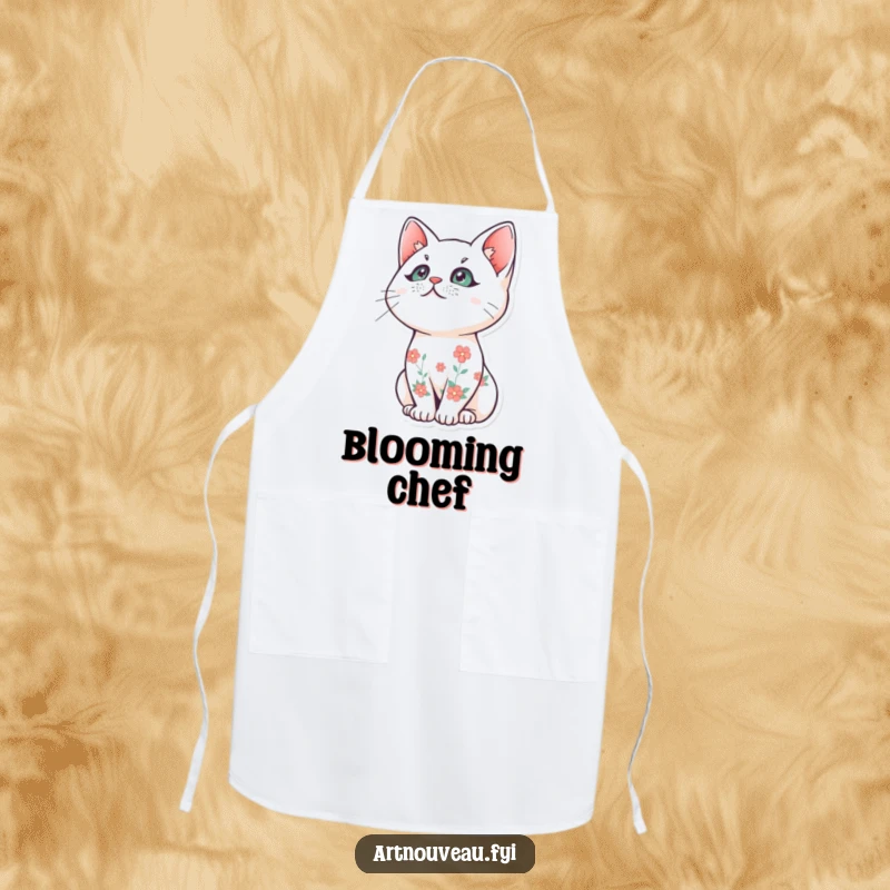 Funny cat apron, stylized feline with floral patterns, gazing upwards, kitchen wear, ideal funny gift for chefs.