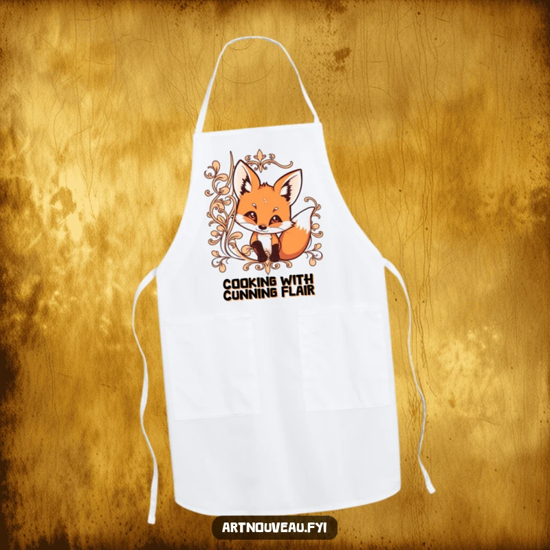 Funny apron featuring a curious fox peeking from behind ornate, flowing lines, ideal for cooking and baking.