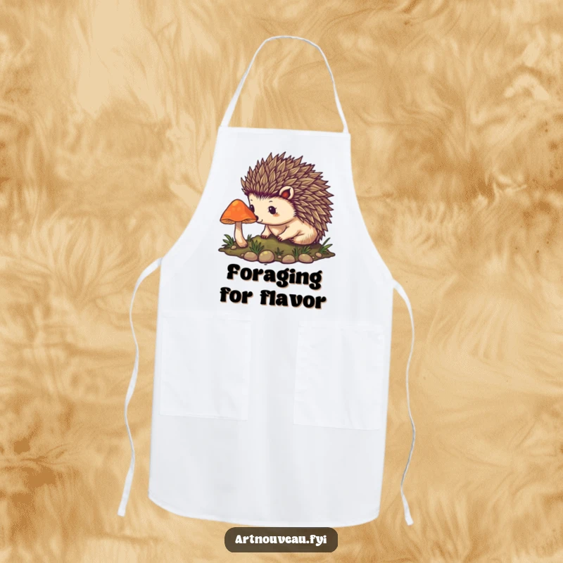 Funny hedgehog kitchen apron with intricate art nouveau spines and a glowing mushroom graphic, perfect for whimsical culinary creations.