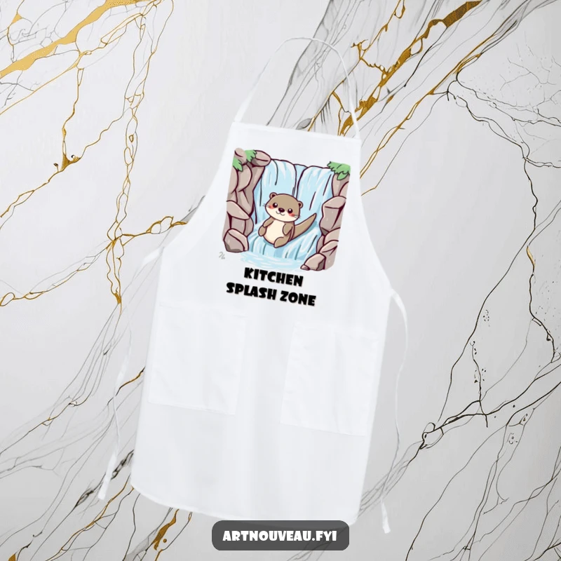 Funny otter with smooth lines playfully sliding down a stylized waterfall, printed on a practical and charming kitchen apron.