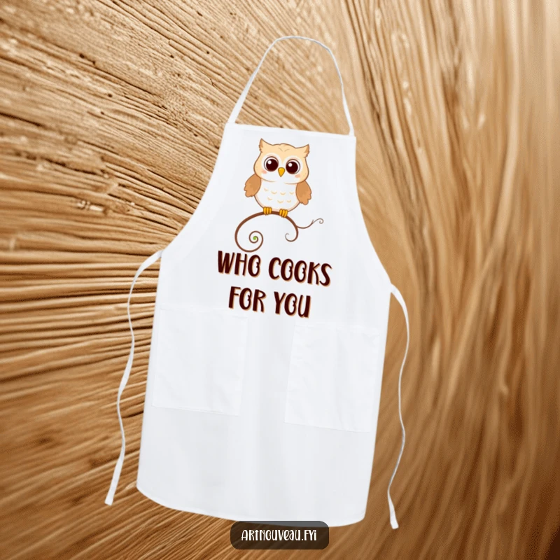 Funny Apron: A happy owl perched precariously on a looping, decorative tendril, designed for kitchen fun.