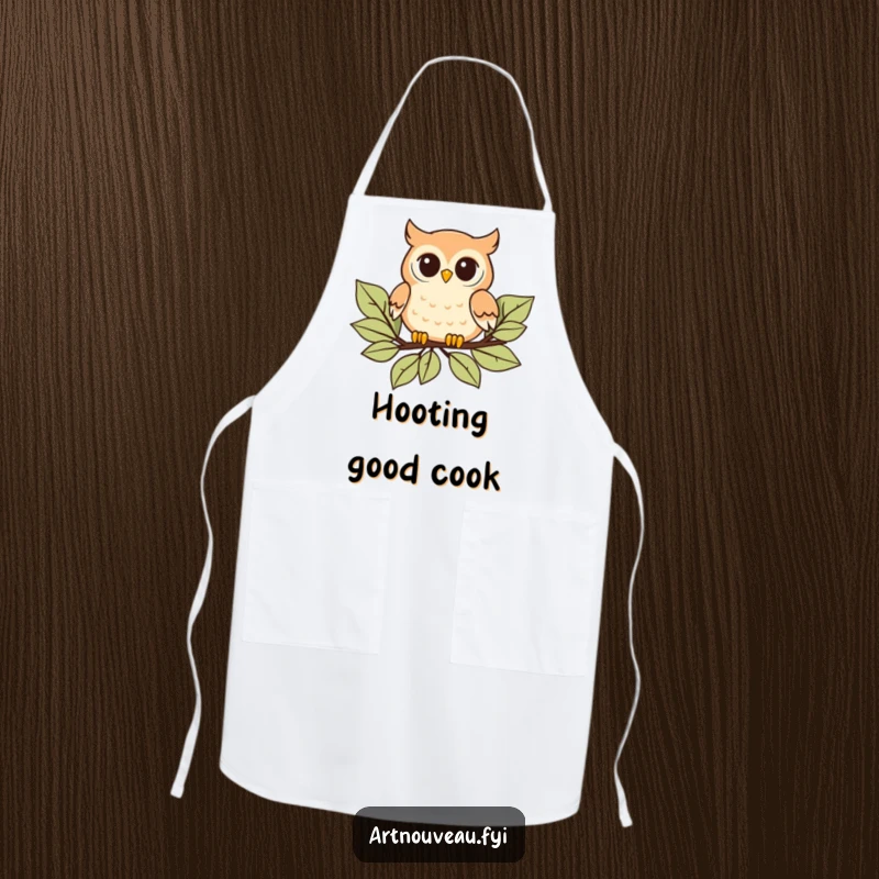 Funny Apron: Playful owl with curved details floating on stylized leaves, perfect for stylish and functional kitchen wear.