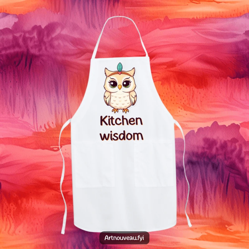 Funny owl apron, whimsical bird in feathered headband, enchantingly curious, kitchen wear, ideal funny gift for bakers.