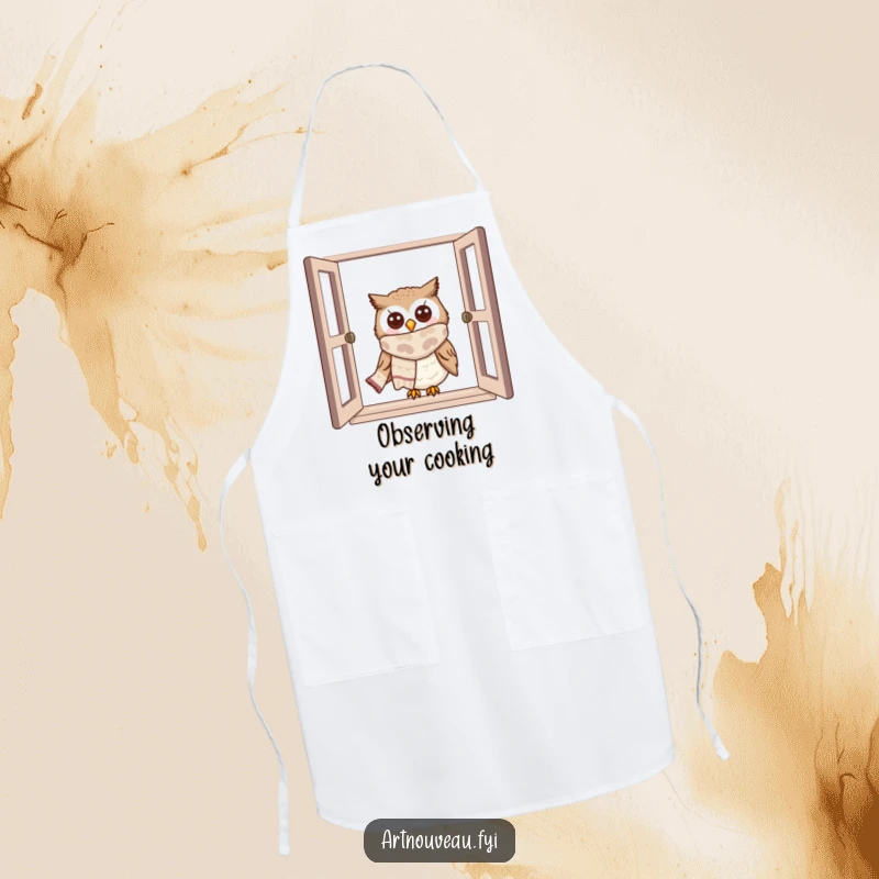 Funny owl apron with a cute owl in a scarf peeking from a window, ideal for chefs and bakers.