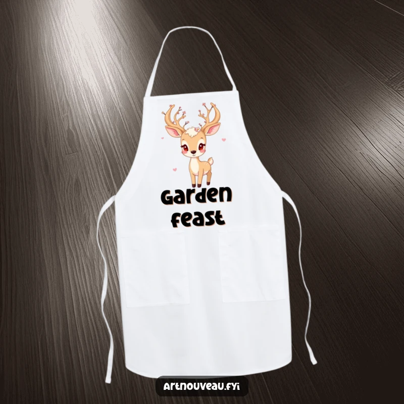 Funny deer apron, playful creature with blossom-adorned antlers, kitchen wear, ideal funny gift for gardeners.