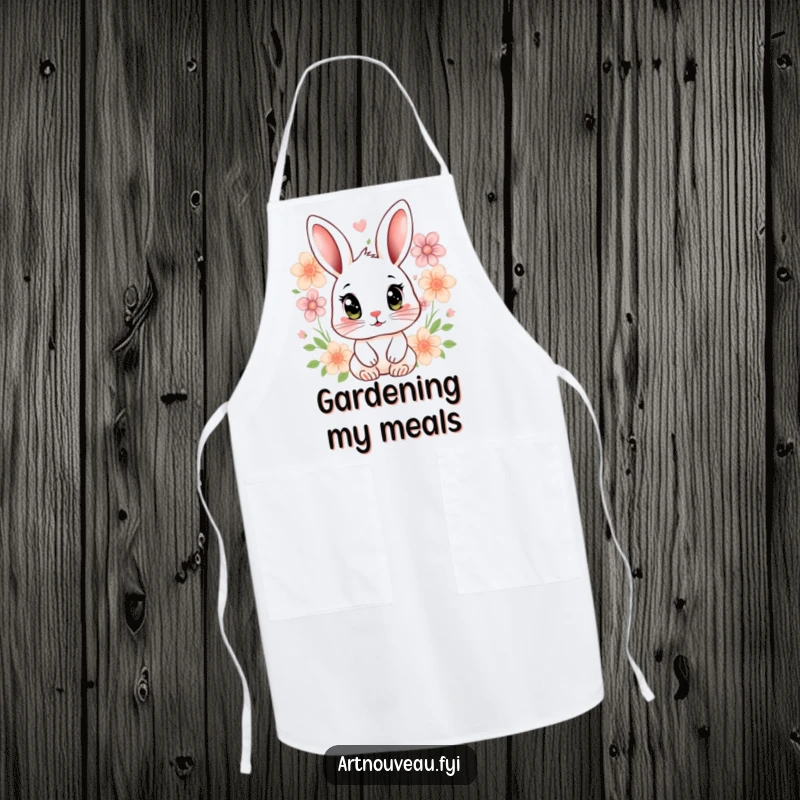 Funny rabbit apron with a stylized rabbit, expressive eyes, surrounded by floral motifs, perfect for cooking.