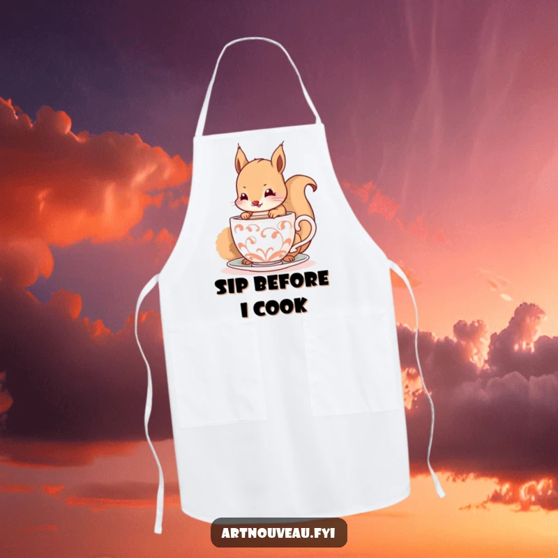 Funny apron with a happy squirrel daintily sipping from a decorative, spiraling cup, designed for cheerful cooking.