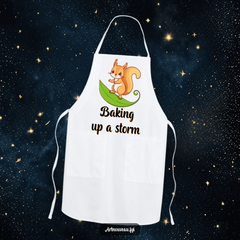 Funny apron featuring a mischievous squirrel balancing on a stylized, curling leaf, ideal for cooking and baking.