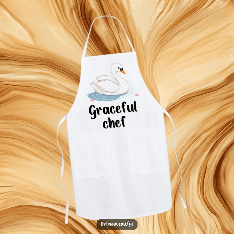 Funny cute swan with elegant curves gliding gracefully on a shimmering decorative pond, printed on a practical and stylish kitchen apron.
