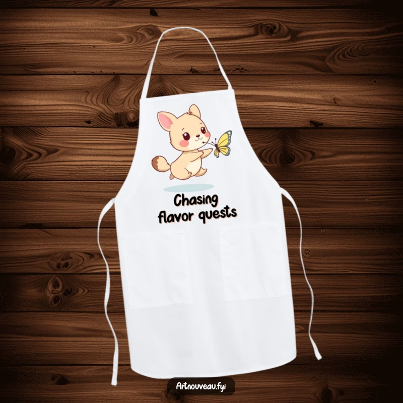 Funny apron depicting a whimsical animal playfully chasing a delicately drawn butterfly, adding a cheerful and artistic element to kitchen wear.