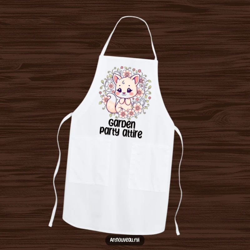 Funny Apron: A chef wearing a humorous apron with a fox amidst swirling floral decorations, perfect for cooking.