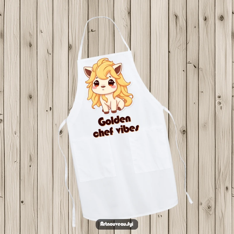 Funny apron designed with an animal boasting a flowing mane of liquid gold, looking up curiously, perfect for cooking.
