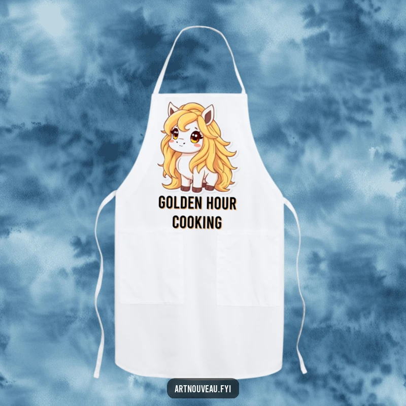 Funny apron adorned with an animal featuring a liquid gold mane looking up curiously, perfect for adding a touch of enchanted humor to kitchen tasks.