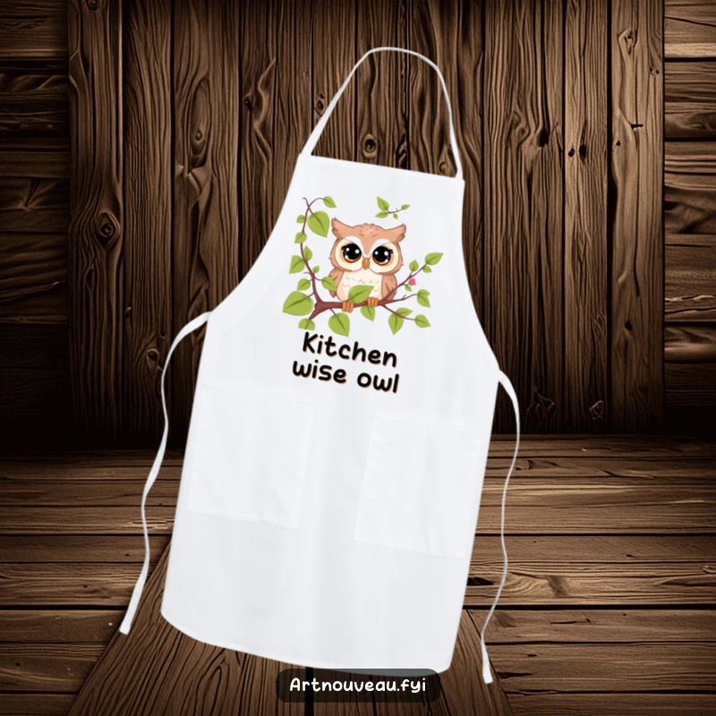 Funny cute owl apron, big curious eyes peeking over a vine, a humorous accessory for cooking and baking fun.