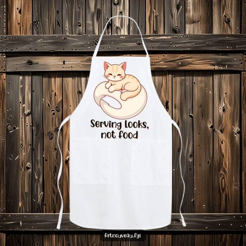 Funny apron featuring a graceful cat elegantly lounging on a swirling organic form, ideal for cooking and baking.