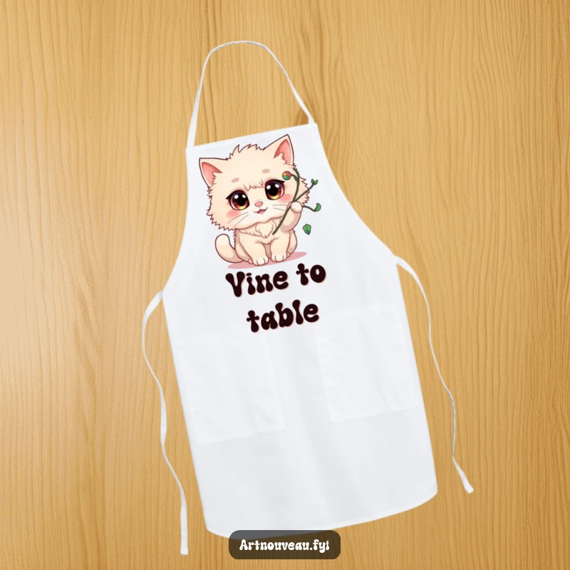 Funny Apron: A fluffy cat with large, cheerful eyes playfully batting at a swirling vine flourish, designed for kitchen fun.