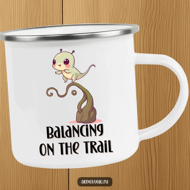 Funny camping mug showing a creature balancing precariously on a winding plant-like stem, built for adventure and providing a humorous visual.