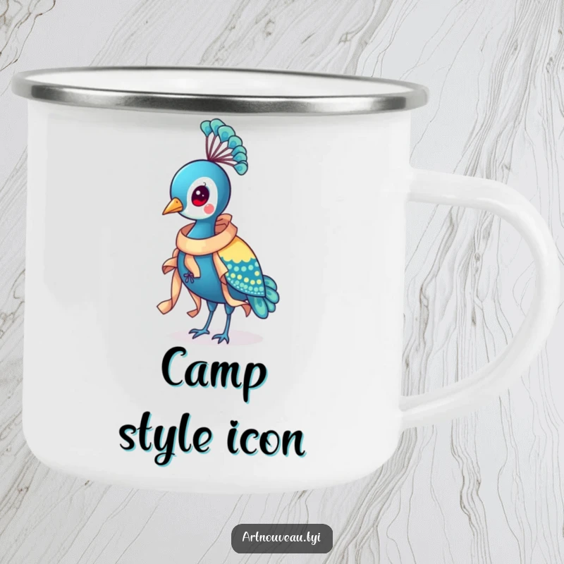 Funny Peacock Ribbon Camping Mug with a distinguished bird wearing an ornate ribbon, perfect for outdoor use with a touch of humorous elegance.