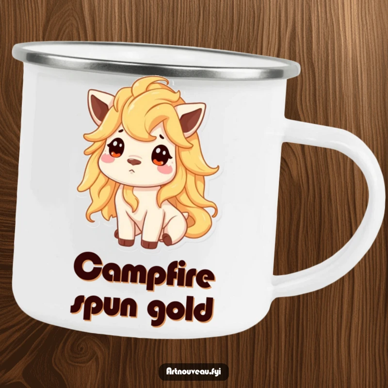 Funny camping mug featuring an animal with a liquid gold mane looking up curiously, perfect for enjoying drinks outdoors.