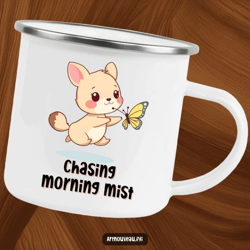 Funny camping mug showcasing a whimsical animal playfully chasing a delicate butterfly, built for adventure and adding a touch of whimsy.