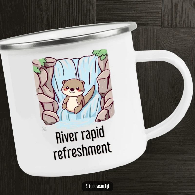Funny otter with smooth lines playfully sliding down a stylized waterfall, printed on a rugged and stylish camping mug.
