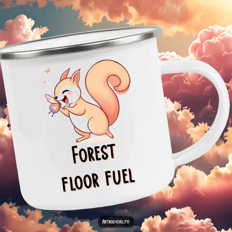 Funny squirrel in art nouveau style, joyfully chasing a shimmering butterfly with a curled tail, printed on a rugged camping mug.