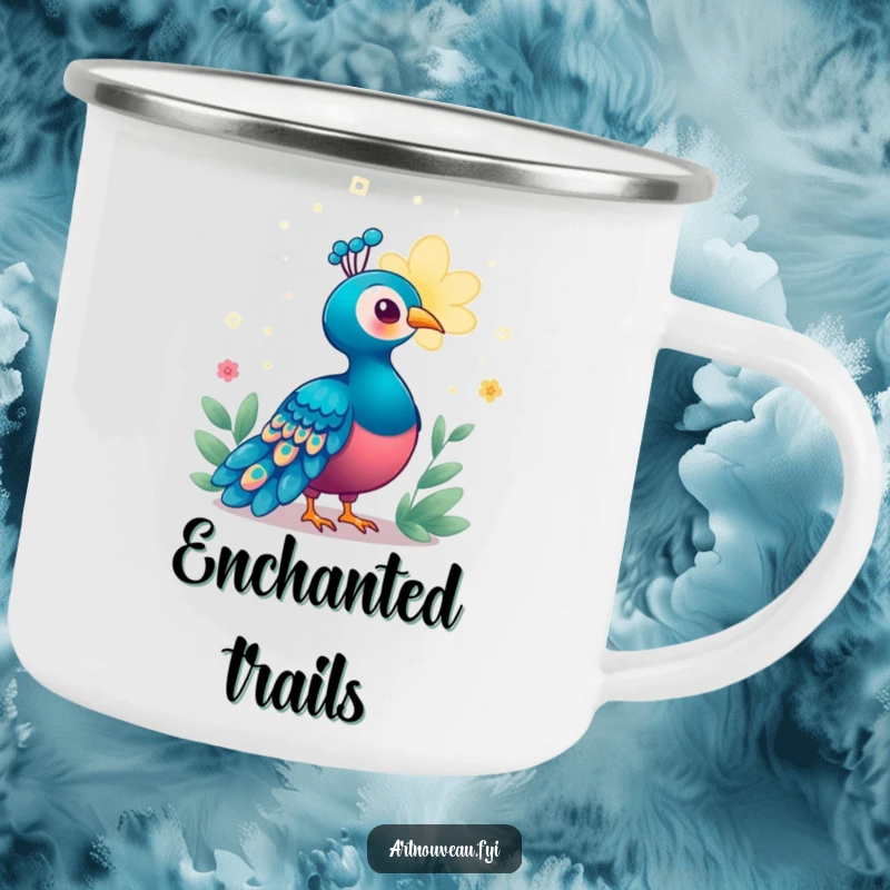 Funny Enchanted Peacock Camping Mug with a bird enchanted by a magical, glowing bloom, perfect for outdoor use with whimsical and humorous appeal.