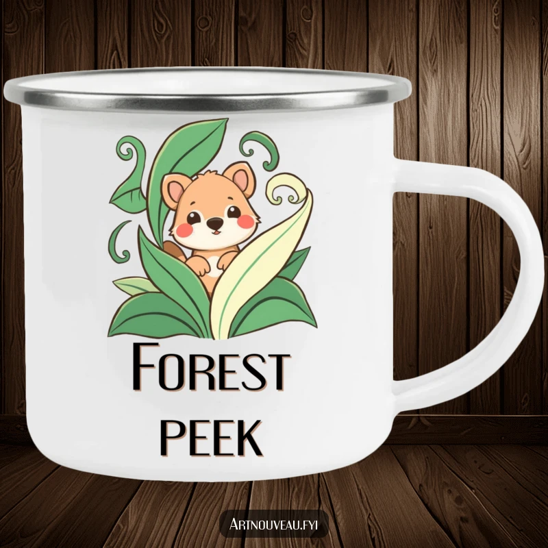 Funny camping mug with a playful animal peeking from behind stylized, swirling leaves, bringing a touch of nature's fun to the outdoors.