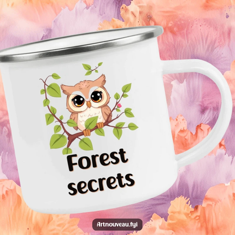 Funny cute owl camping mug, big curious eyes peeking from behind a vine, a durable and humorous companion for outdoors.