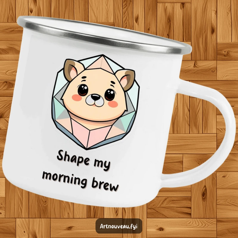 Funny camping mug with a stylized animal contemplating a geometric and organic abstract shape, durable for adventures and visually intriguing.