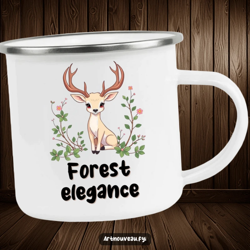 Funny Camping Mug: An animal with elegant, curved antlers posing among artistic vines, perfect for outdoor use.
