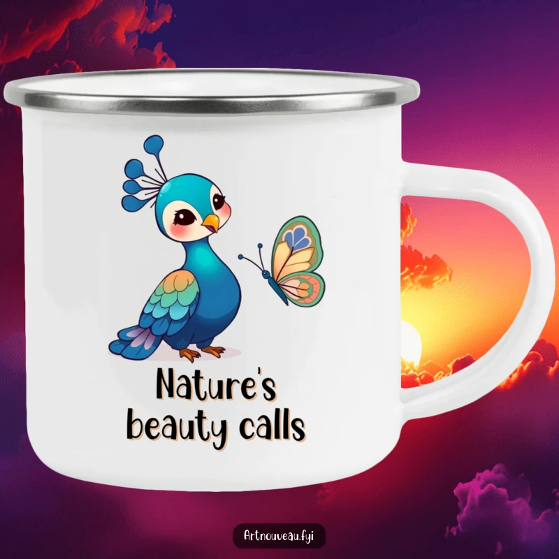Funny Art Nouveau Peacock Camping Mug with a gentle bird and an art nouveau butterfly, perfect for outdoor use with artistic and humorous appeal.