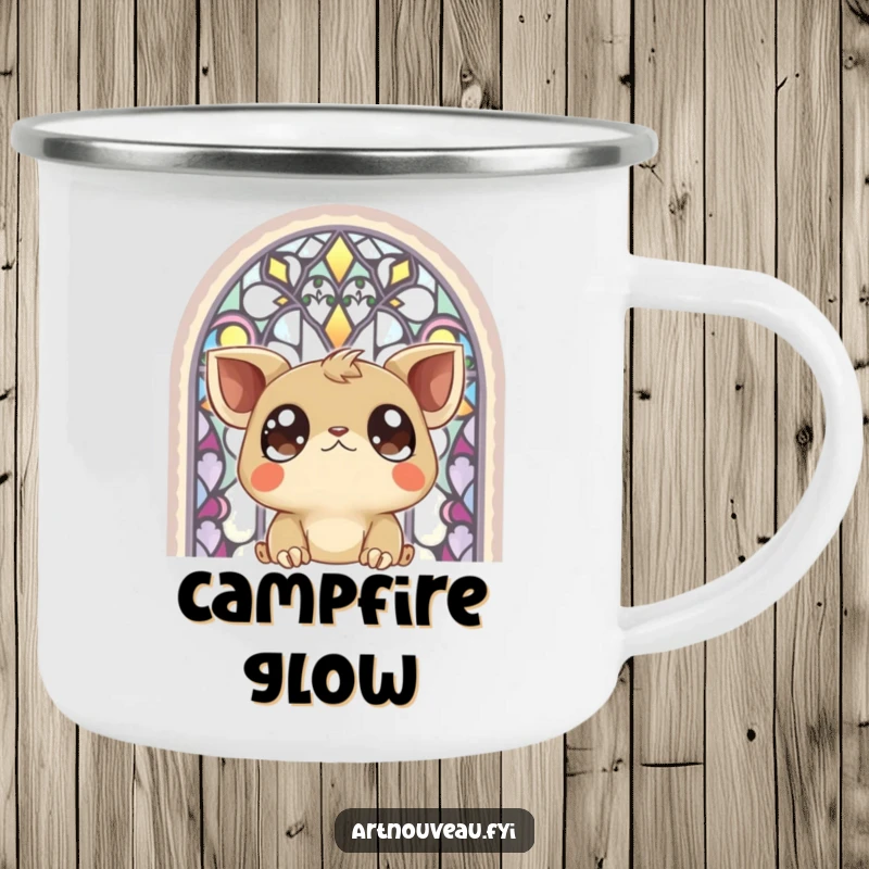 Funny Camping Mug: A creature with large, expressive eyes gazing at a colorful stained-glass window, perfect for outdoor use.