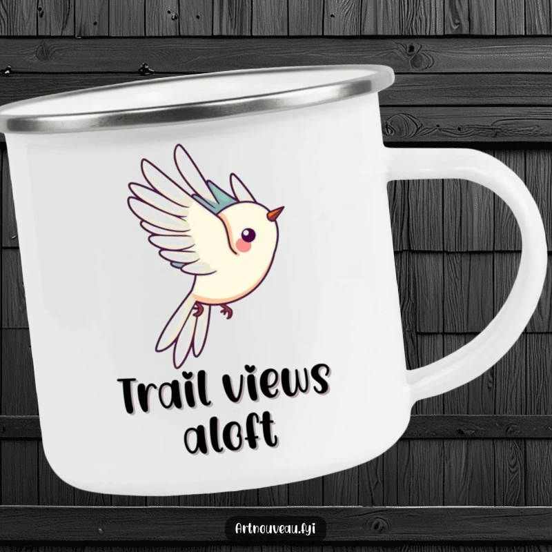Funny camping mug showcasing a stylized bird with dramatic tail feathers in flight, designed for durability and enjoyment during outdoor activities.