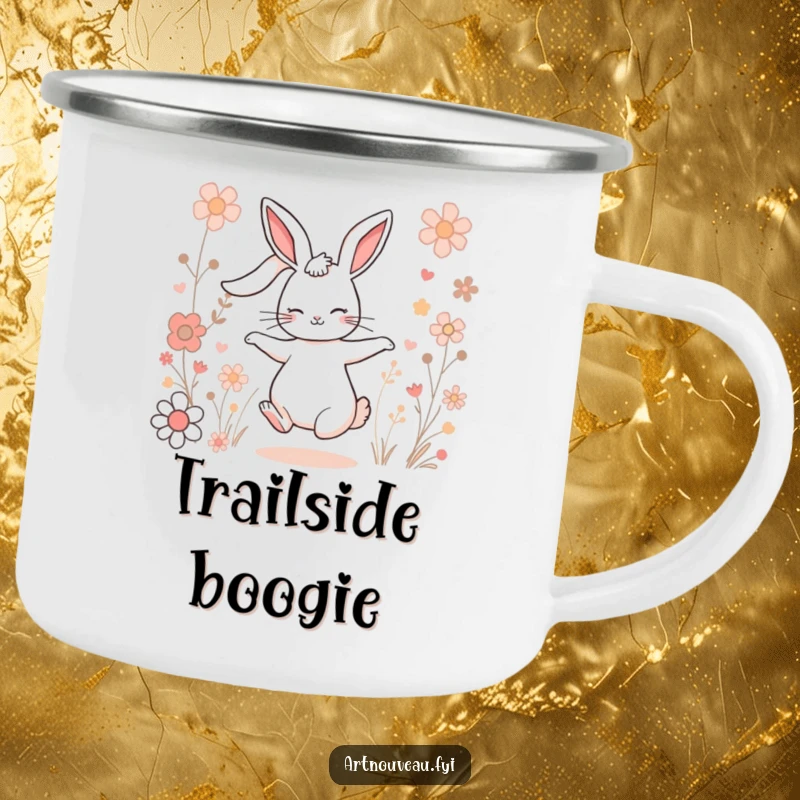 Funny Charming Rabbit Camping Mug: A durable mug showcasing a rabbit dancing among flowers, perfect for nature lovers.