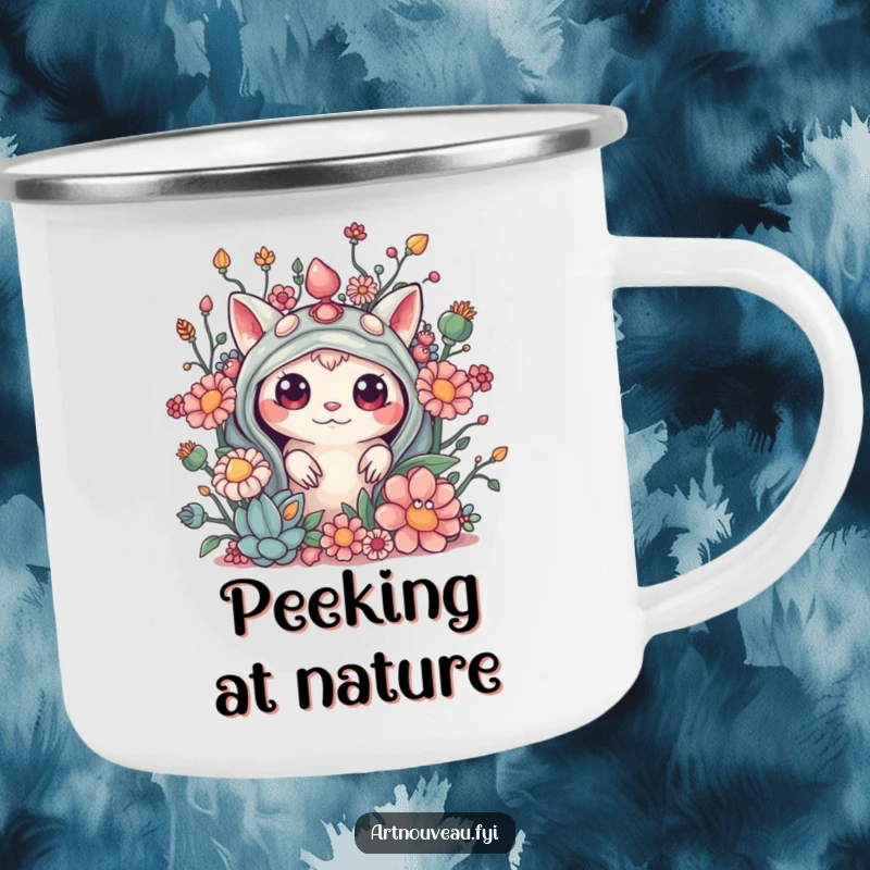 Funny camping mug with a curious creature peeking from behind elaborate, organic embellishments, designed for durable, mysterious outdoor sips.