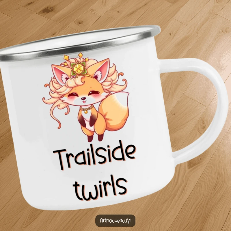 Funny fox camping mug, cute animal in ornate hairpiece playfully twirling, enamel mug, outdoor gear, perfect funny gift.